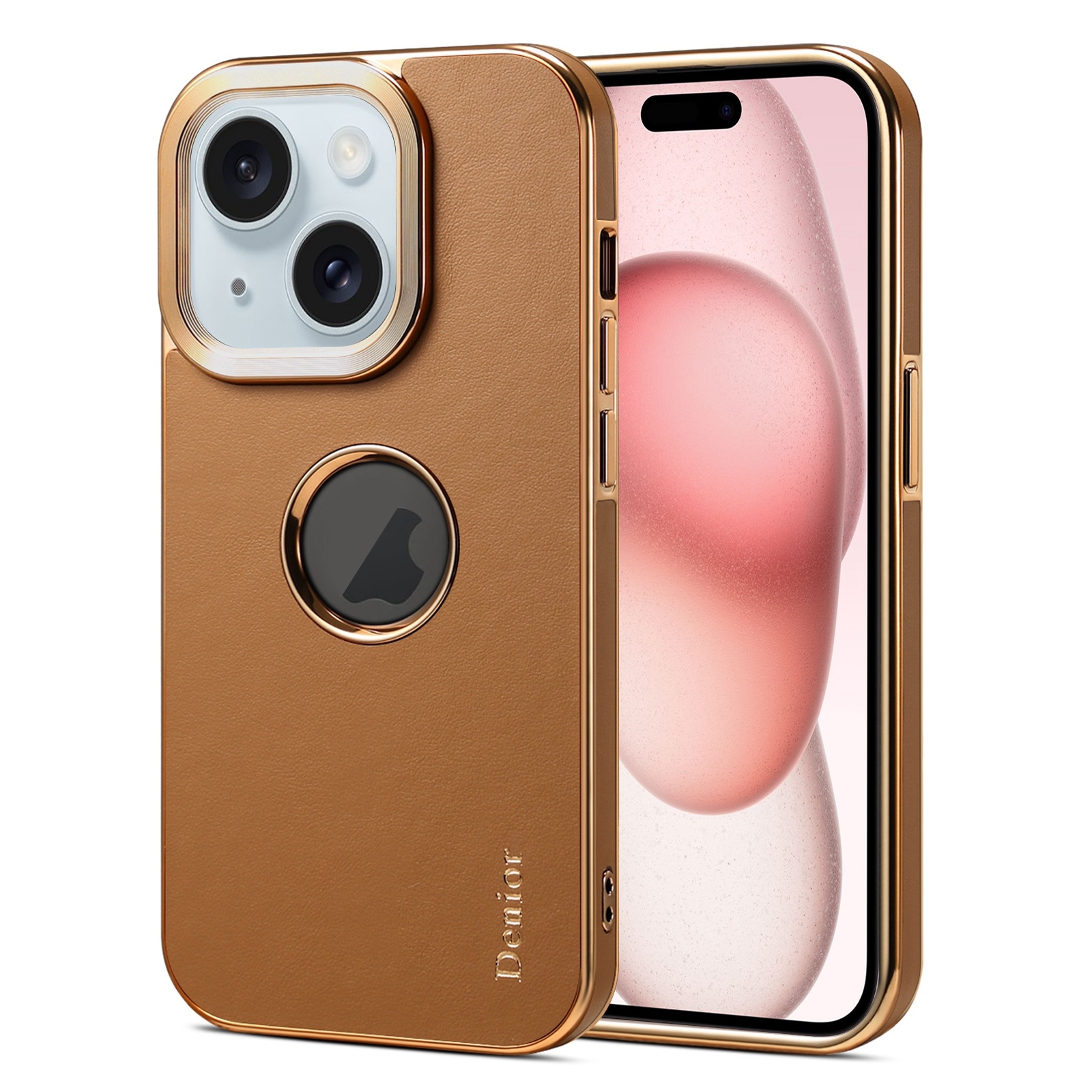 For iPhone 15 Denior Fragrant Calf Texture Electroplating Phone Case(Khaki) - Shopkiz.com