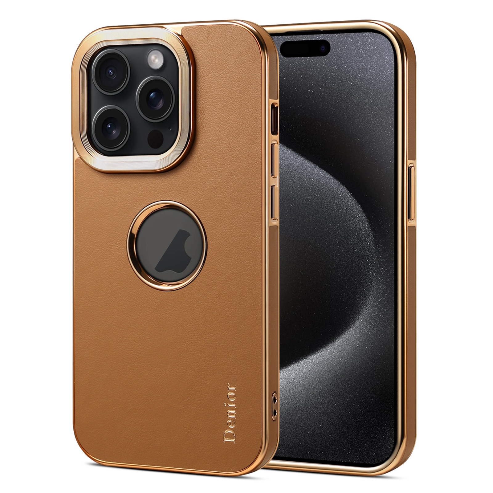 For iPhone 15 Pro Max Denior Fragrant Calf Texture Electroplating Phone Case(Khaki) - Shopkiz.com