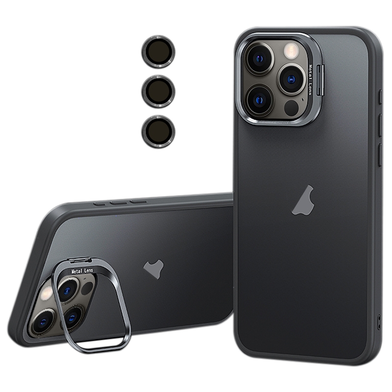 For iPhone 12 Pro Max Lens Holder Frosted Phone Case(Grey) - Shopkiz.com