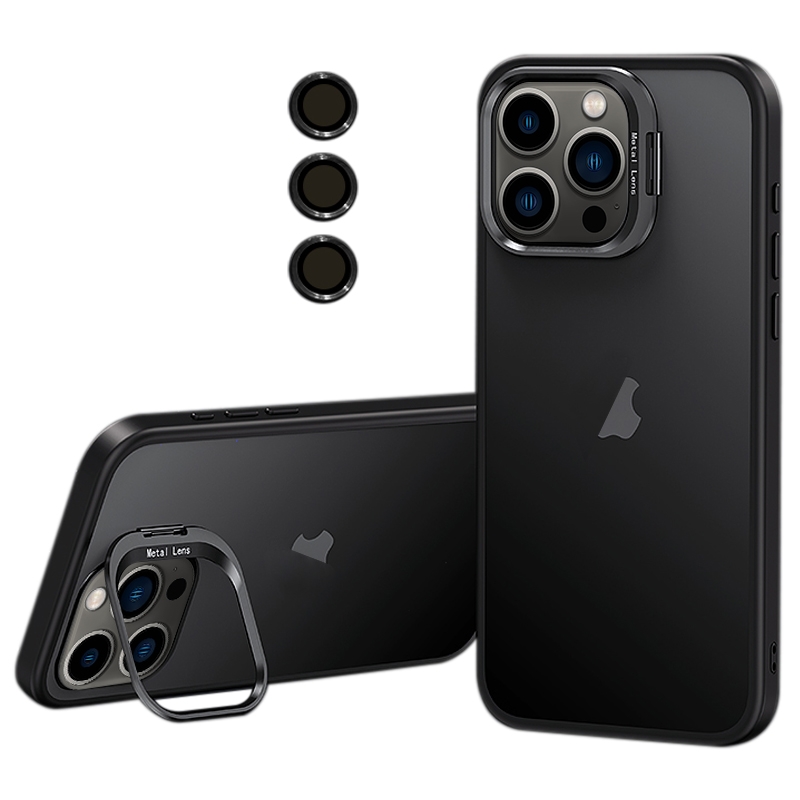 For iPhone 13 Pro Max Lens Holder Frosted Phone Case(Black) - Shopkiz.com