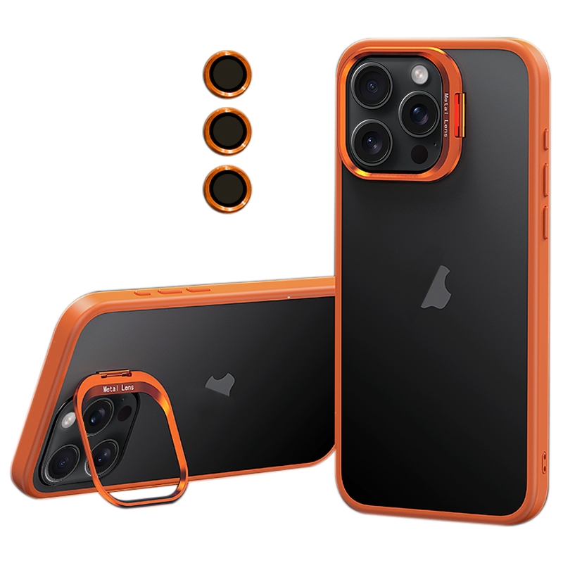 For iPhone 15 Pro Max Lens Holder Frosted Phone Case(Orange) - Shopkiz.com