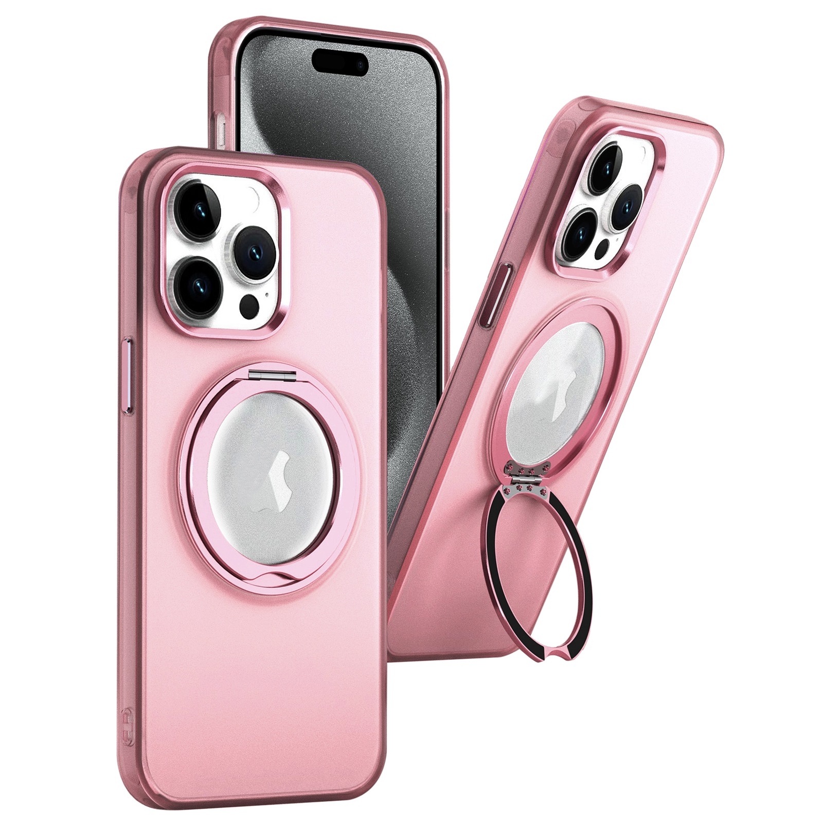 For iPhone 15 Pro 360 Rotate Ring Holder MagSafe PC Phone Case(Pink) - Shopkiz.com