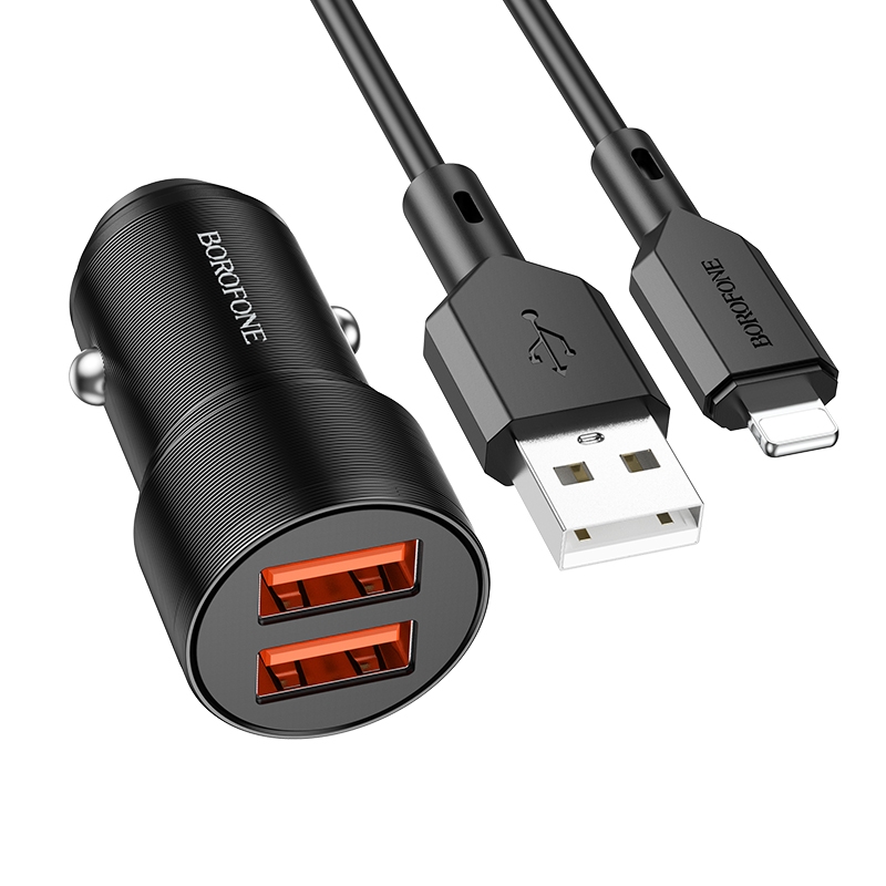 BOROFONE BZ19 Wisdom Dual USB Ports Car Charger with USB to 8 Pin Cable(Black) - Shopkiz.com