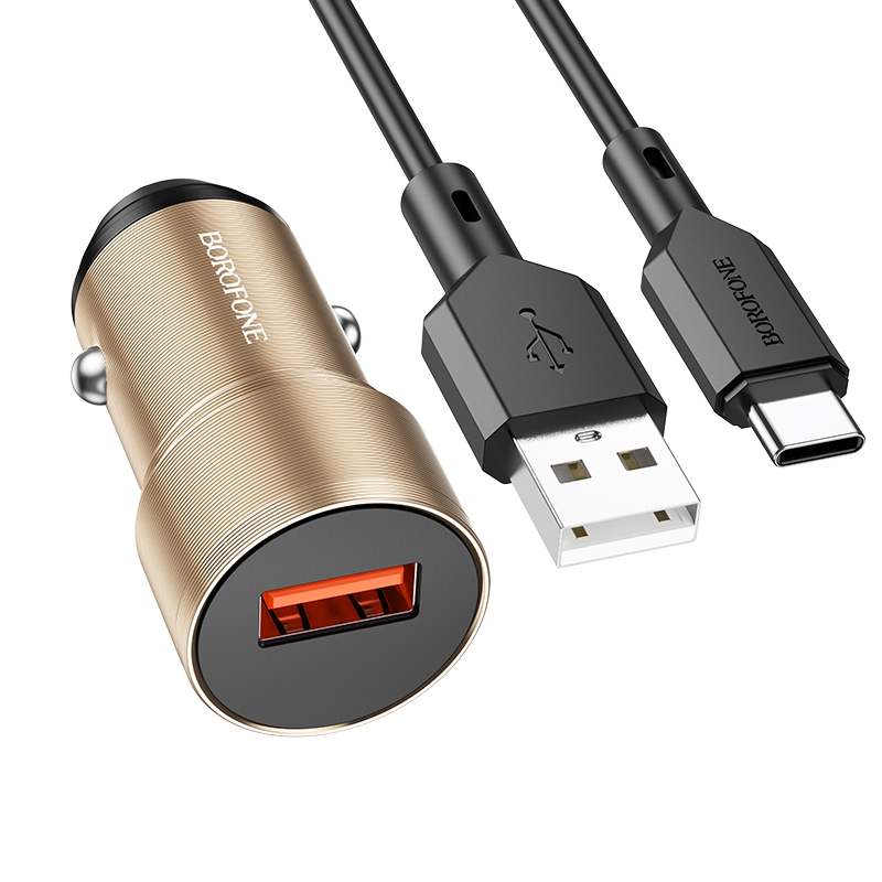 BOROFONE BZ19A Wisdom QC3.0 USB Port Fast Charging Car Charger with USB to Type-C Cable(Gold) - Shopkiz.com