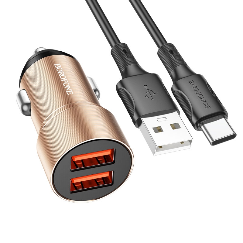 BOROFONE BZ19B Wisdom QC3.0 Dual USB Ports Fast Charging Car Charger with USB to Type-C Cable(Gold) - Shopkiz.com