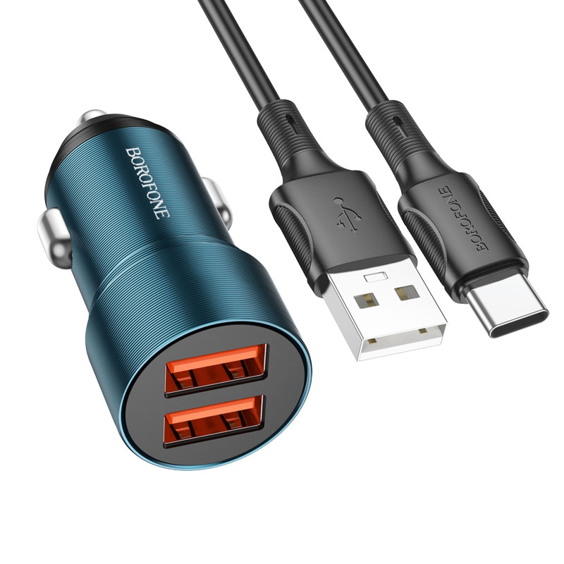 BOROFONE BZ19B Wisdom QC3.0 Dual USB Ports Fast Charging Car Charger with USB to Type-C Cable(Blue) - Shopkiz.com