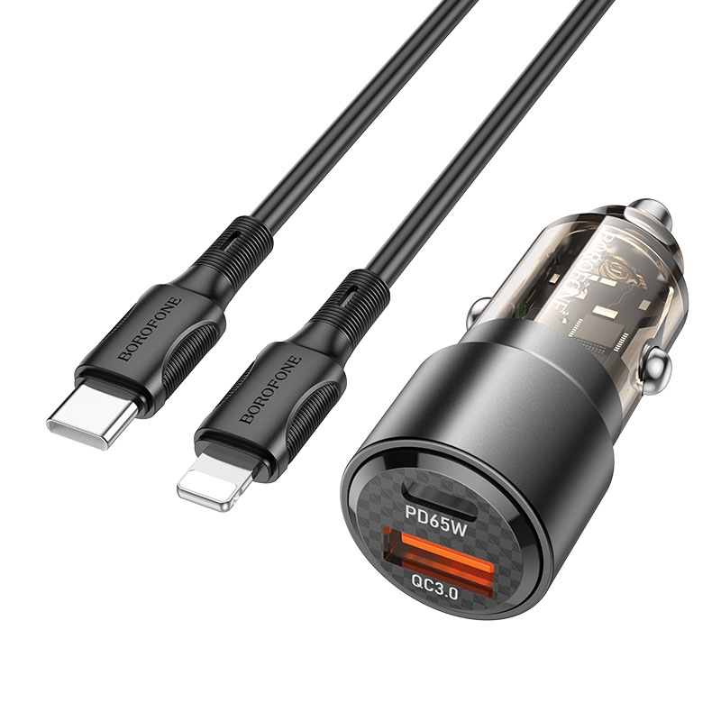 BOROFONE BZ20A Smart QC3.0 + PD65W Dual Ports Fast Charging Car Charger with Type-C to 8 Pin Cable(Transparent Black) - Shopkiz.com