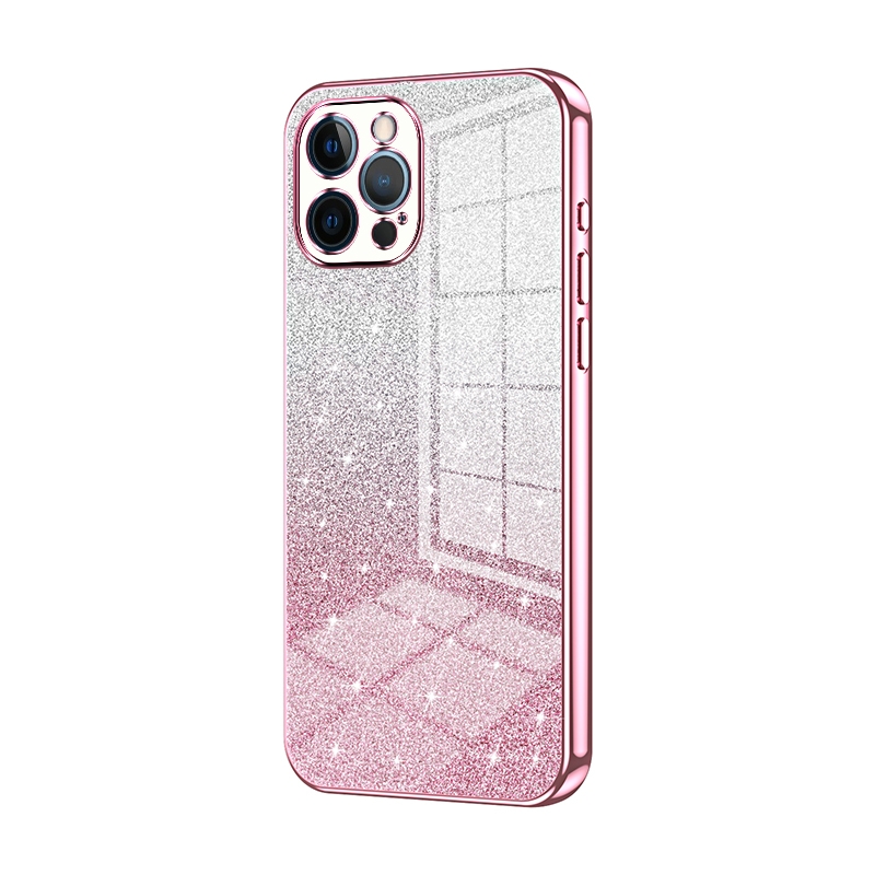 For iPhone 12 Pro Max Gradient Glitter Powder Electroplated Phone Case(Pink) - Shopkiz.com
