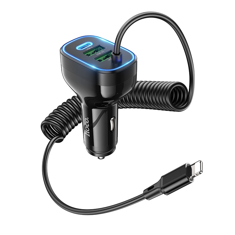 hoco NZ11 Guide PD30W Type-C + USBx2 Car Fast Charging Charger with 8 Pin cable(Black) - Shopkiz.com