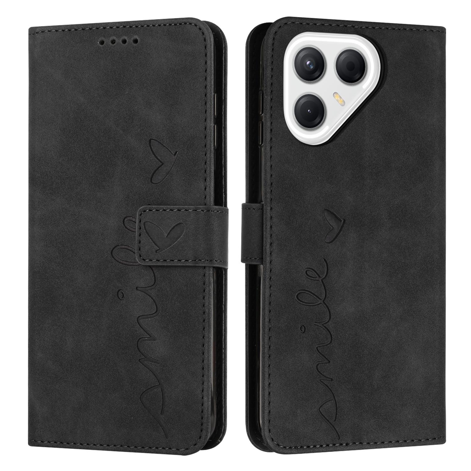 For Tecno Pova 8 5G Skin Feel Heart Embossed Leather Phone Case with Long Lanyard(Black) - Shopkiz.com