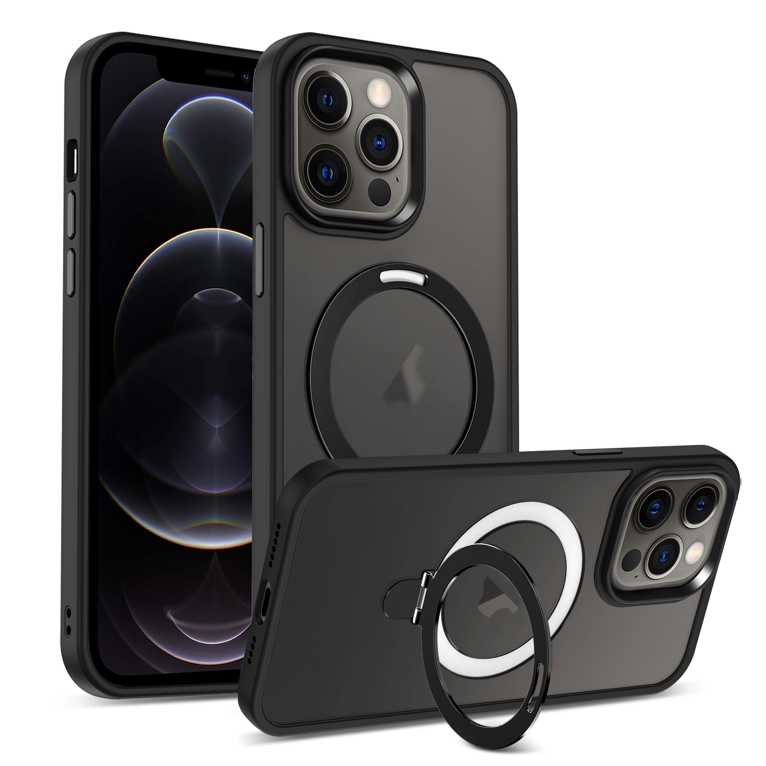 For iPhone 12 Pro Skin-feel MagSafe Holder PC Hybrid TPU Phone Case(Black) - Shopkiz.com