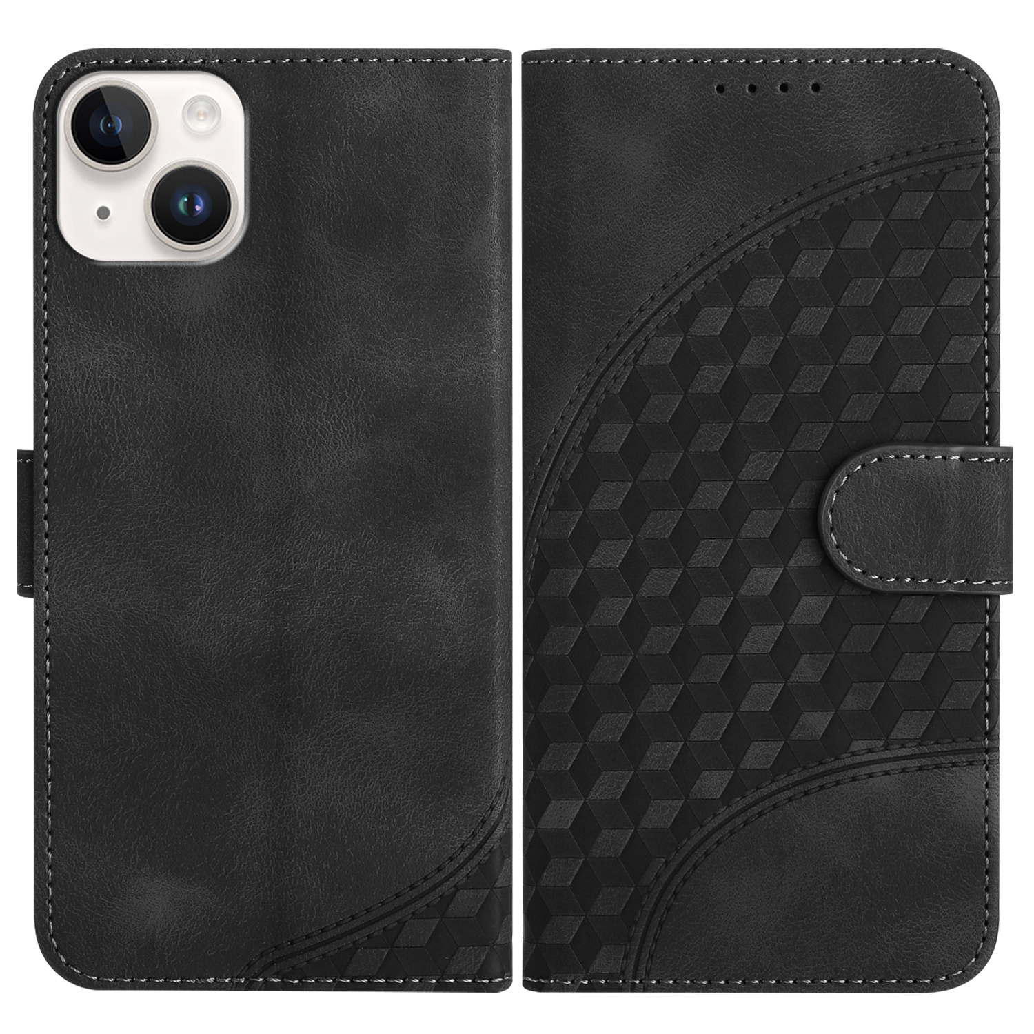 For iPhone 14 Plus YX0060 Elephant Head Embossed Phone Leather Case with Lanyard(Black) - Shopkiz.com