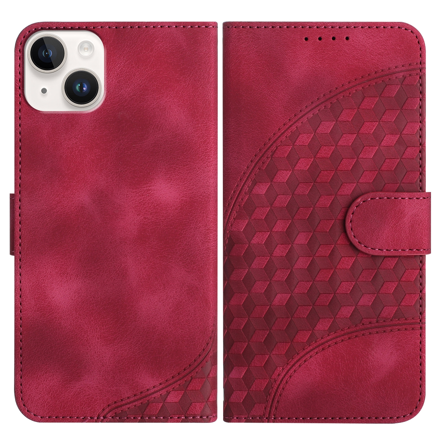 For iPhone 14 Plus YX0060 Elephant Head Embossed Phone Leather Case with Lanyard(Rose Red) - Shopkiz.com