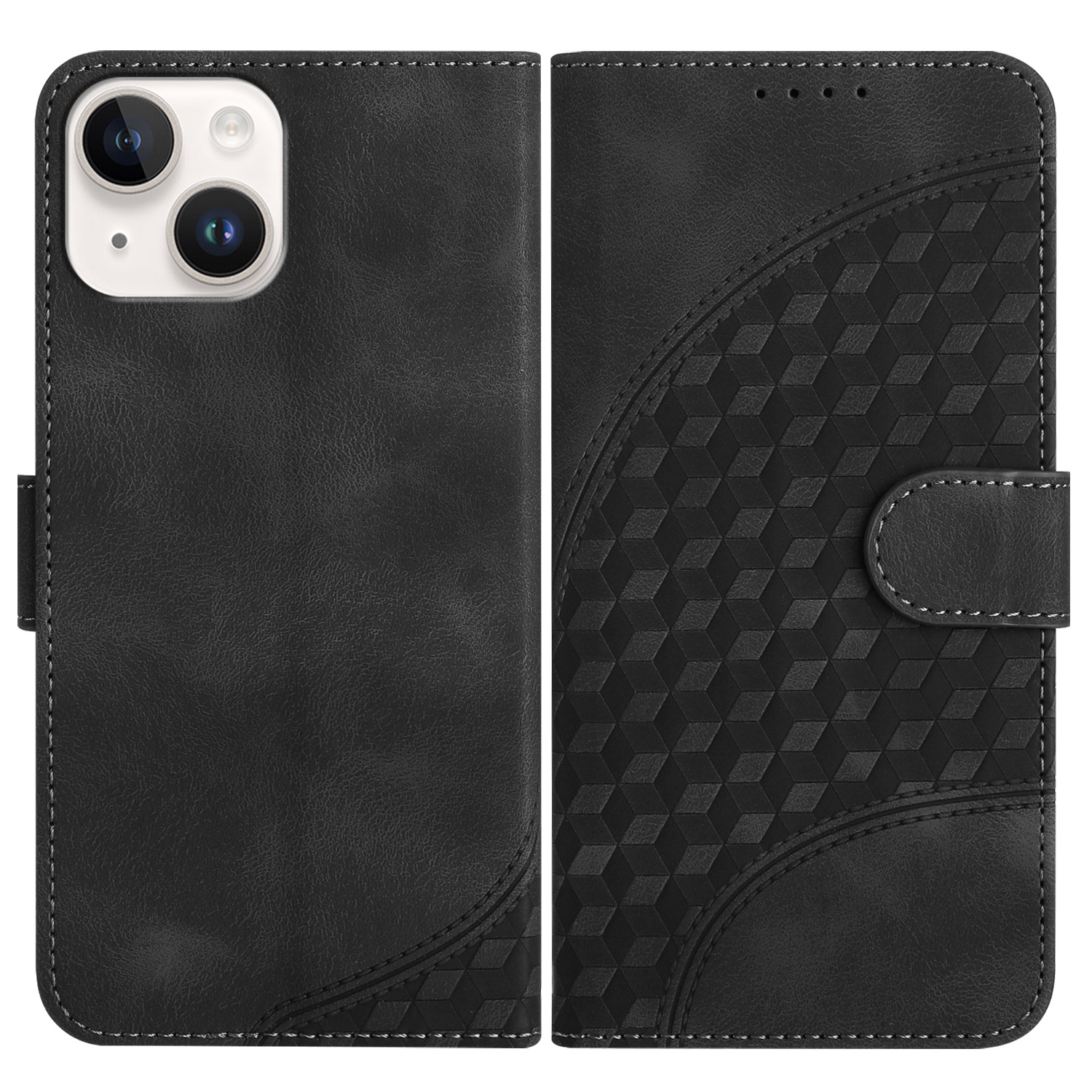 For iPhone 14 YX0060 Elephant Head Embossed Phone Leather Case with Lanyard(Black) - Shopkiz.com