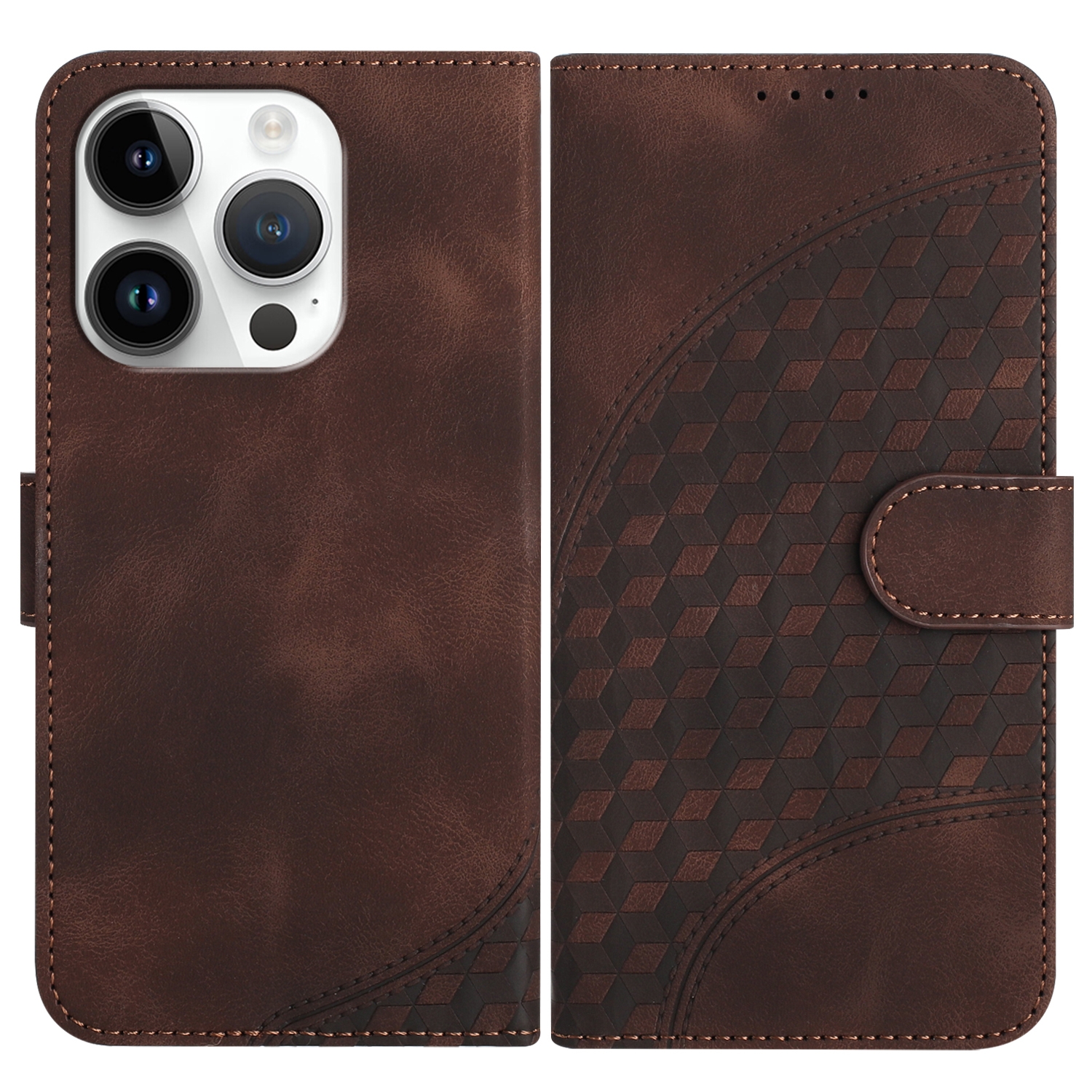 For iPhone 14 Pro YX0060 Elephant Head Embossed Phone Leather Case with Lanyard(Coffee) - Shopkiz.com