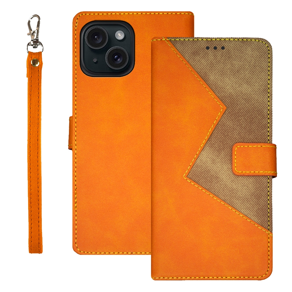 For iPhone 15 Pro idewei Two-color Splicing Leather Phone Case(Orange) - Shopkiz.com