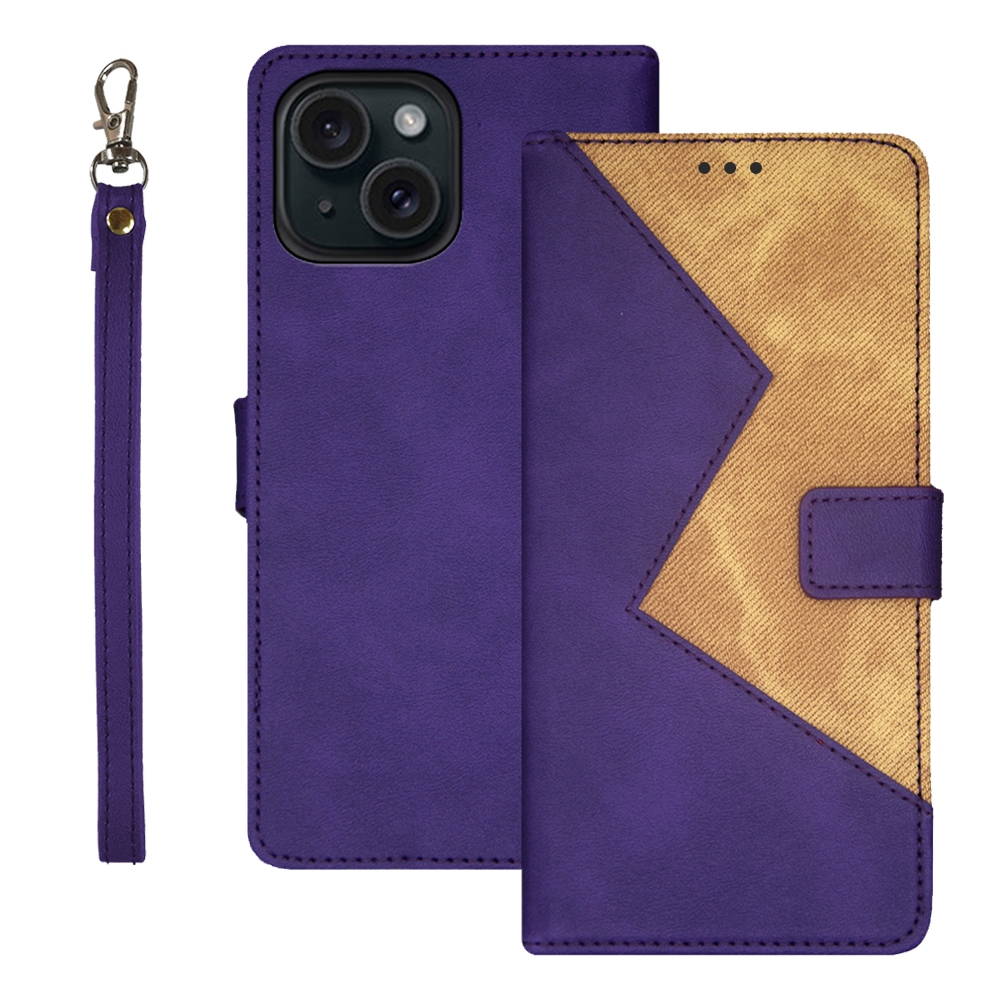 For iPhone 15 Plus idewei Two-color Splicing Leather Phone Case(Purple) - Shopkiz.com
