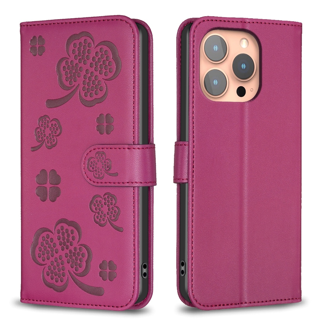 For iPhone 15 Pro Four-leaf Embossed Leather Phone Case(Rose Red) - Shopkiz.com