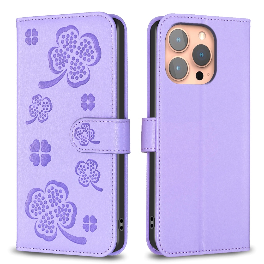 For iPhone 15 Pro Four-leaf Embossed Leather Phone Case(Purple) - Shopkiz.com