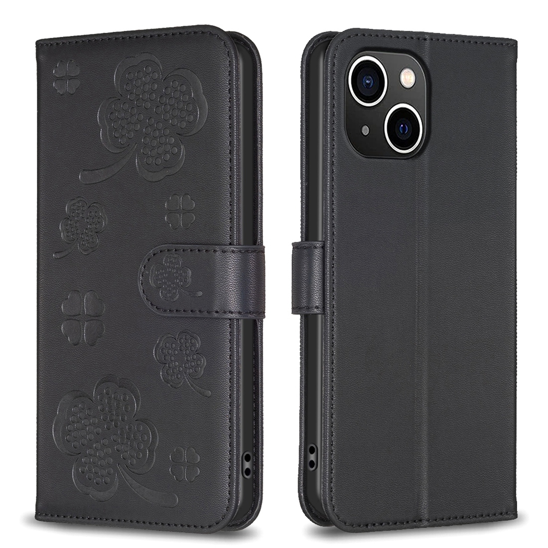 For iPhone 15 Plus Four-leaf Embossed Leather Phone Case(Black) - Shopkiz.com