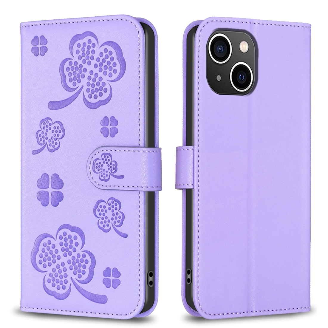 For iPhone 15 Four-leaf Embossed Leather Phone Case(Purple) - Shopkiz.com