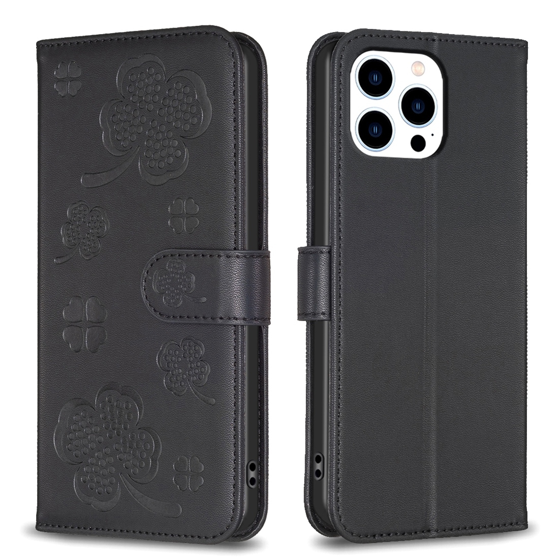 For iPhone 13 Pro Four-leaf Embossed Leather Phone Case(Black) - Shopkiz.com