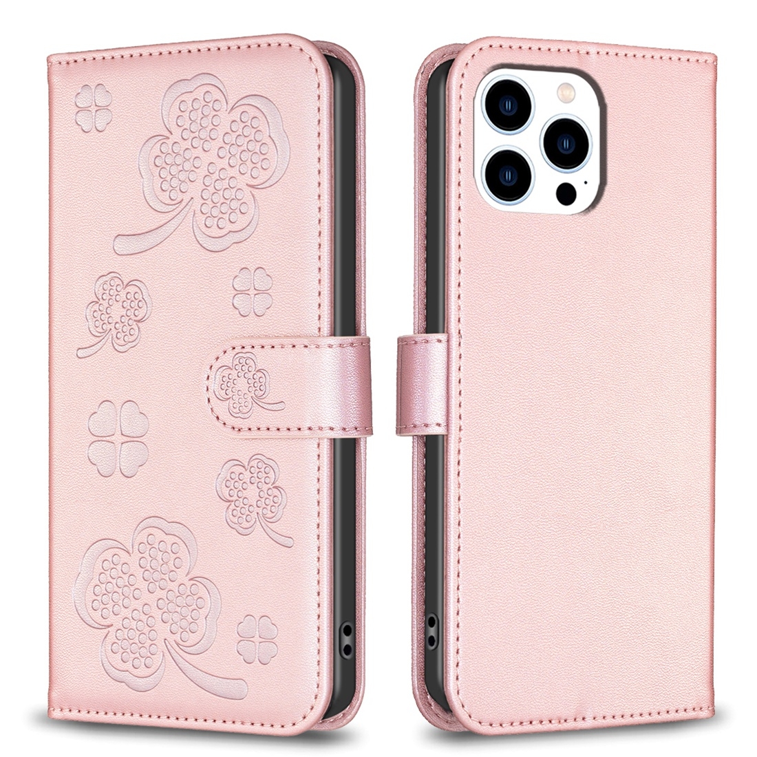 For iPhone 13 Pro Four-leaf Embossed Leather Phone Case(Pink) - Shopkiz.com