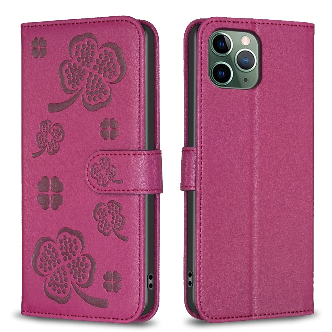 For iPhone 11 Pro Max Four-leaf Embossed Leather Phone Case(Rose Red) - Shopkiz.com