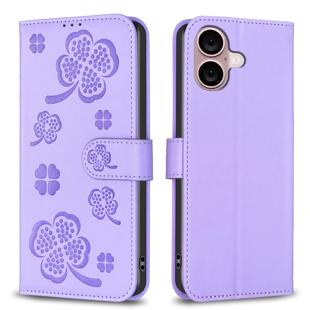 For iPhone 16 Four-leaf Embossed Leather Phone Case(Purple) - Shopkiz.com