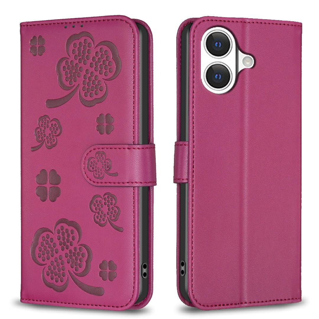 For iPhone 17 Four-leaf Embossed Leather Phone Case(Rose Red) - Shopkiz.com