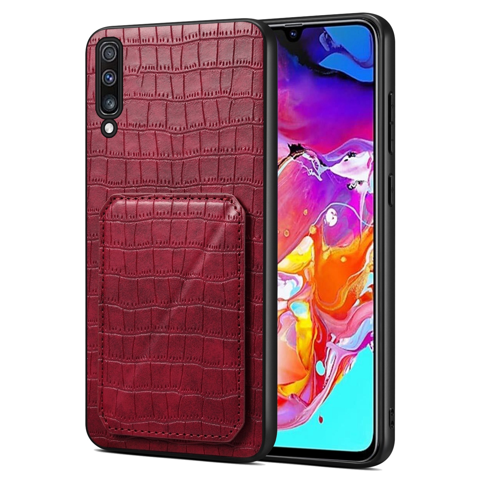 For Samsung Galaxy A70 Denior Imitation Crocodile Leather Back Phone Case with Holder(Rose Red)