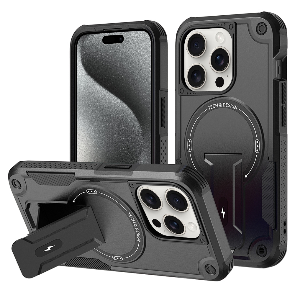 For iPhone 15 Pro Armor Magsafe Holder PC Hybrid TPU Phone Case(Black) - Shopkiz.com