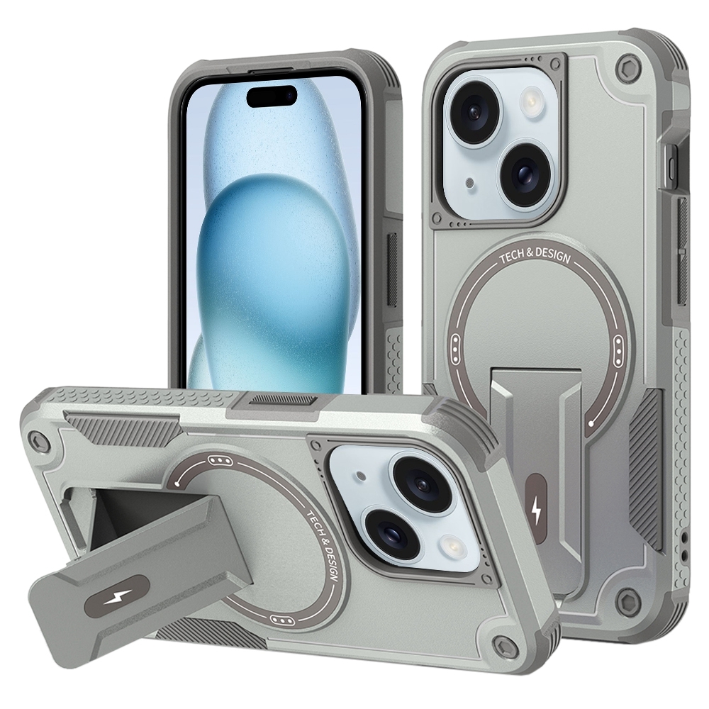 For iPhone 15 Plus Armor Magsafe Holder PC Hybrid TPU Phone Case(Grey) - Shopkiz.com