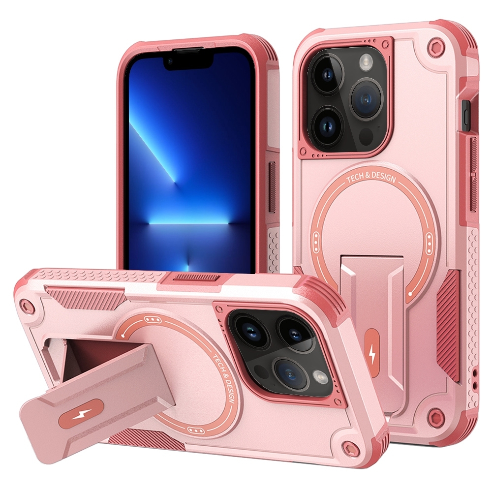 For iPhone 13 Pro Armor Magsafe Holder PC Hybrid TPU Phone Case(Pink) - Shopkiz.com