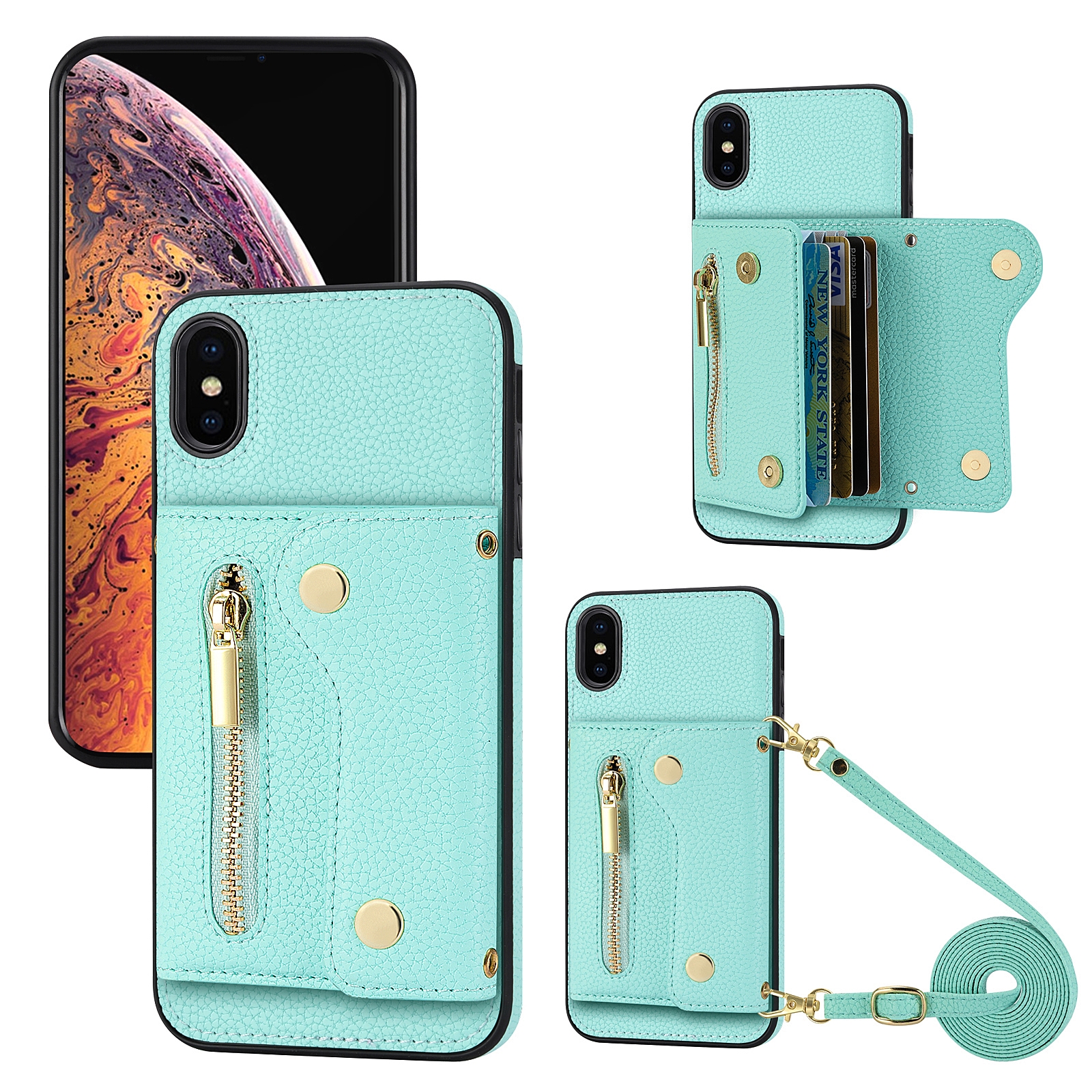 For iPhone X / XS DF-09 Crossbody Litchi texture Card Bag Design PU Phone Case(Cyan) - Shopkiz.com