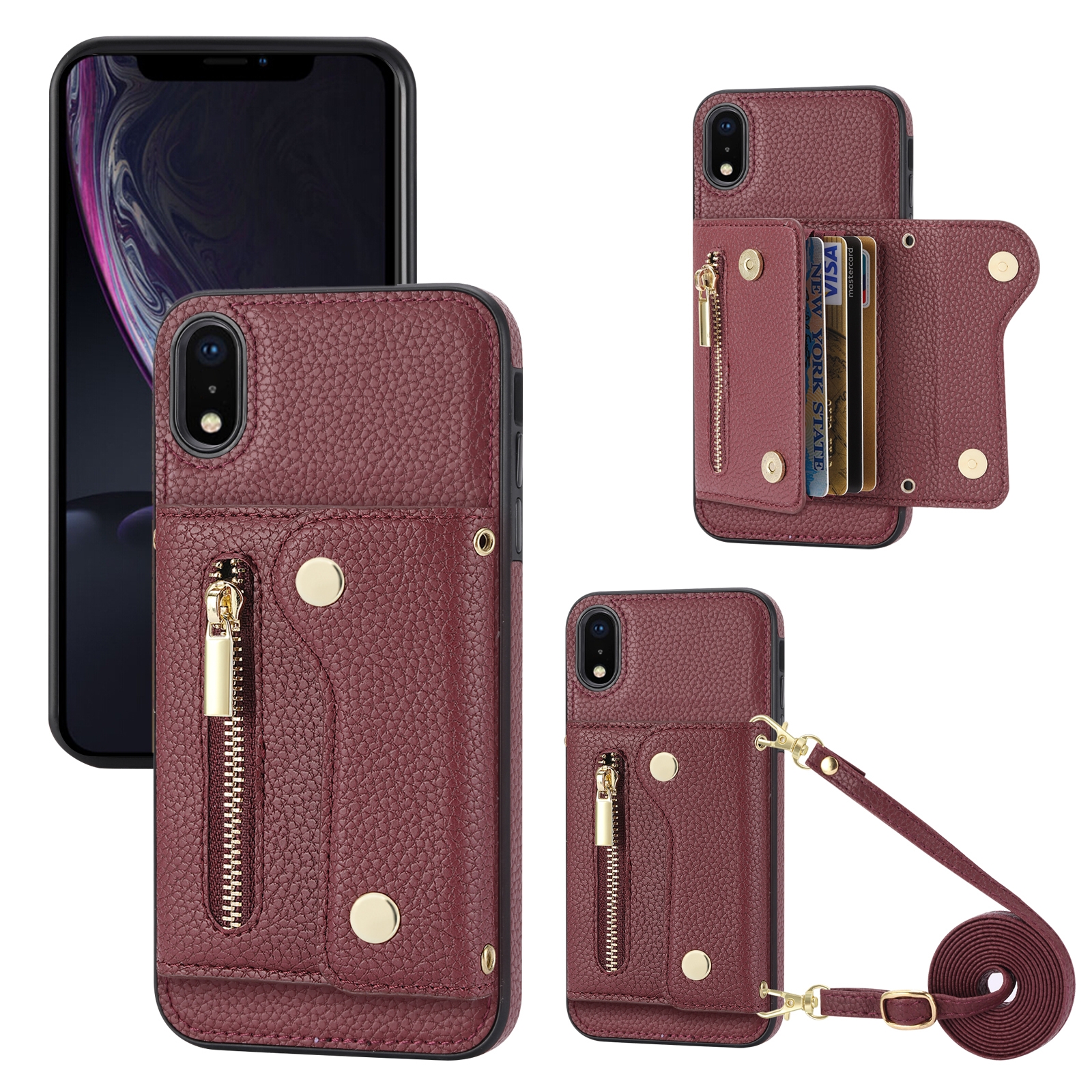 For iPhone XR DF-09 Crossbody Litchi texture Card Bag Design PU Phone Case(Wine Red) - Shopkiz.com
