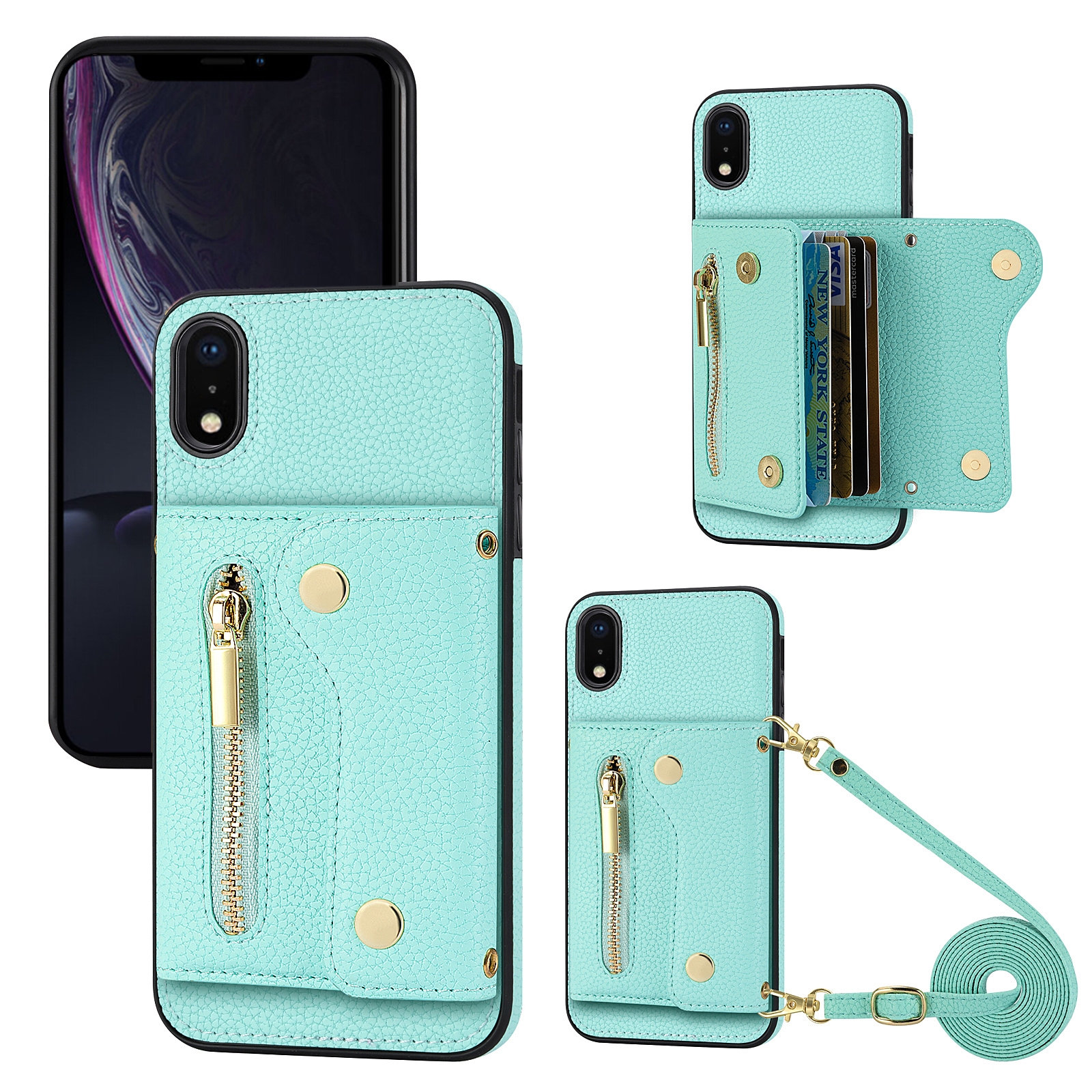 For iPhone XR DF-09 Crossbody Litchi texture Card Bag Design PU Phone Case(Cyan) - Shopkiz.com