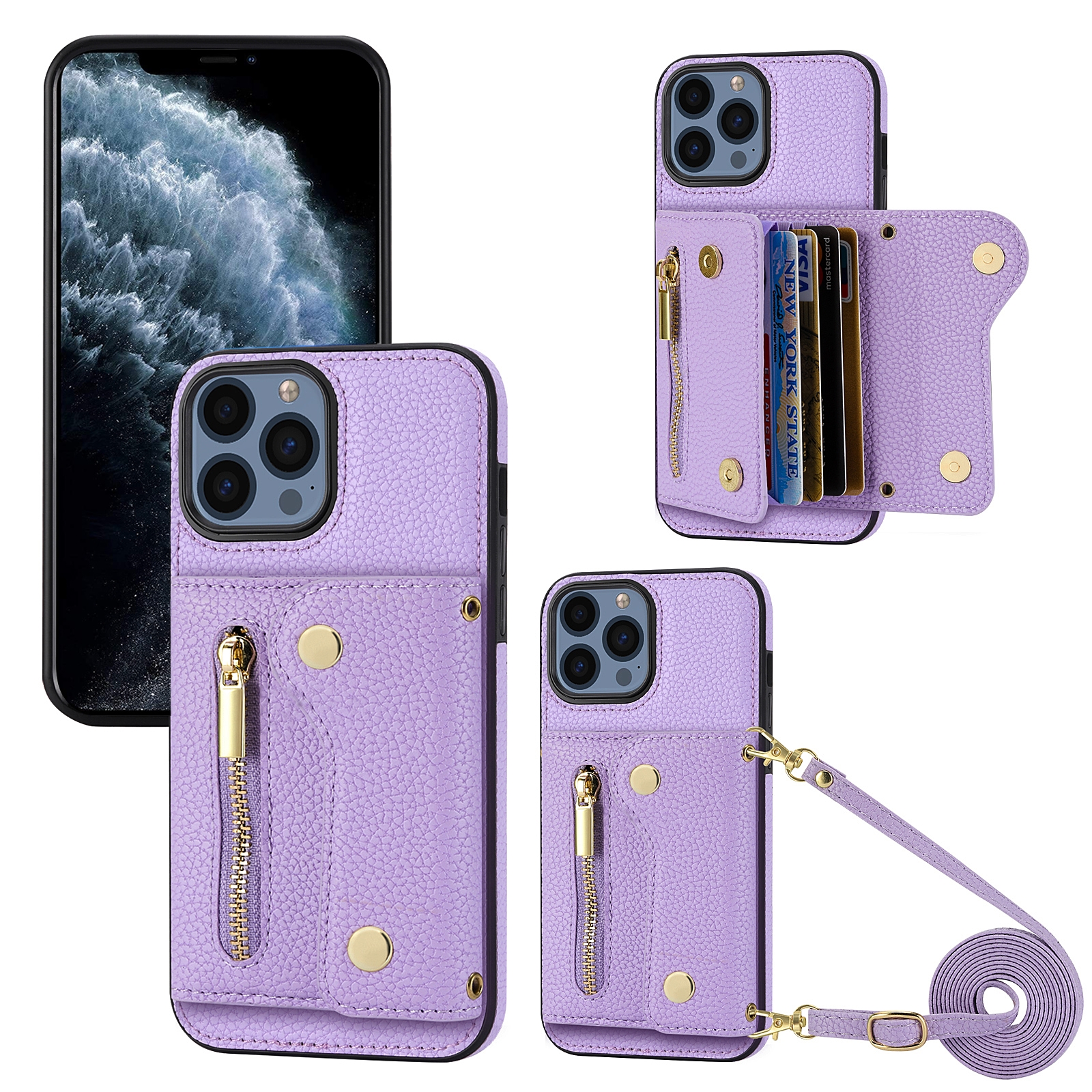 For iPhone 11 Pro DF-09 Crossbody Litchi texture Card Bag Design PU Phone Case(Purple) - Shopkiz.com