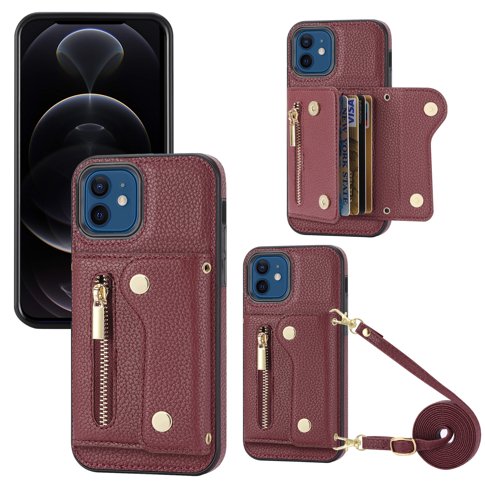 For iPhone 12 / 12 Pro DF-09 Crossbody Litchi texture Card Bag Design PU Phone Case(Wine Red) - Shopkiz.com