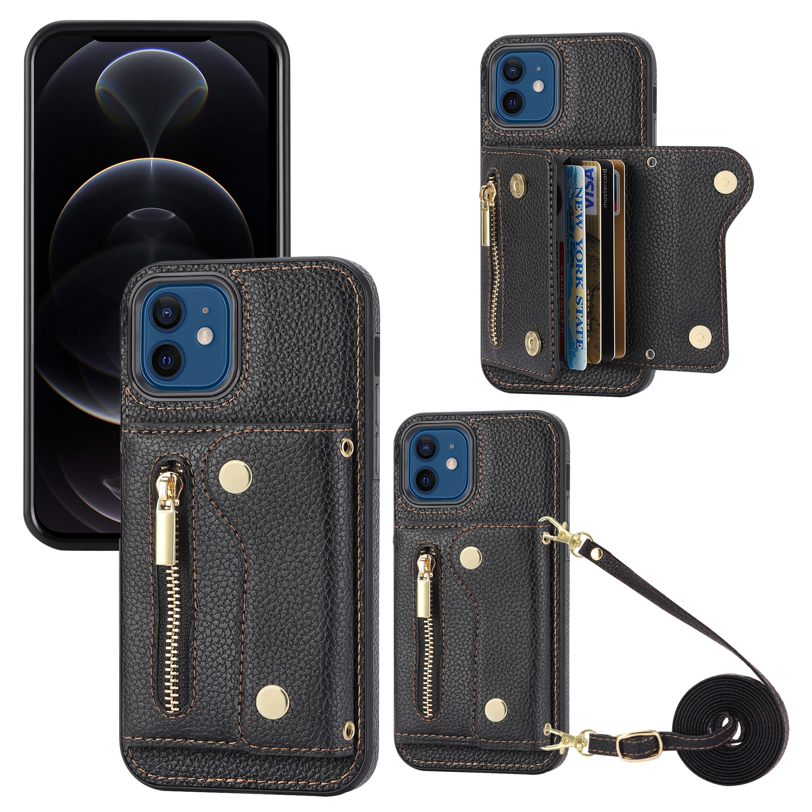 For iPhone 12 / 12 Pro DF-09 Crossbody Litchi texture Card Bag Design PU Phone Case(Black) - Shopkiz.com