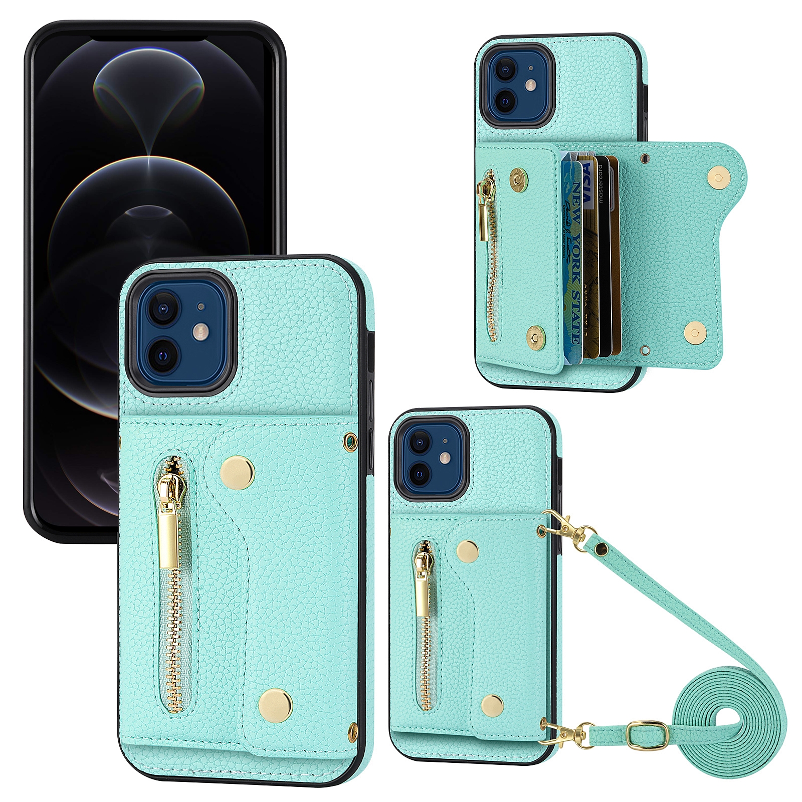 For iPhone 12 / 12 Pro DF-09 Crossbody Litchi texture Card Bag Design PU Phone Case(Cyan) - Shopkiz.com