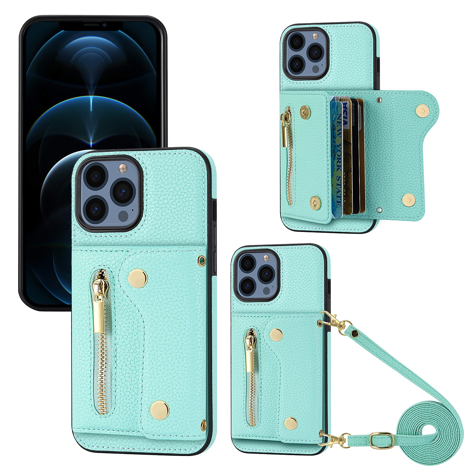 For iPhone 12 Pro Max DF-09 Crossbody Litchi texture Card Bag Design PU Phone Case(Cyan) - Shopkiz.com