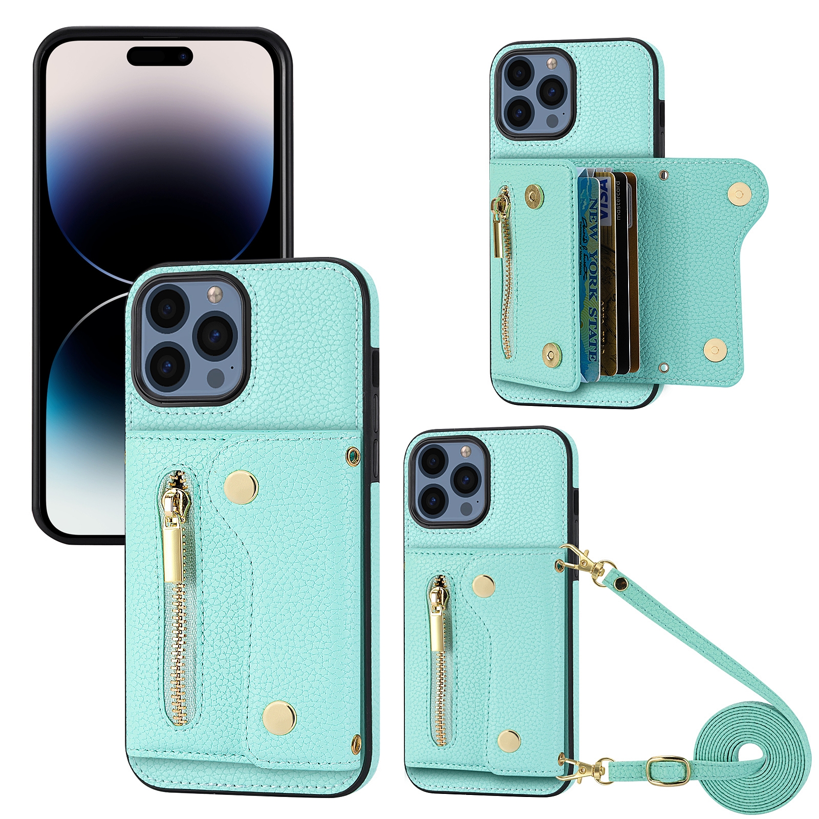 For iPhone 14 Pro DF-09 Crossbody Litchi texture Card Bag Design PU Phone Case(Cyan) - Shopkiz.com
