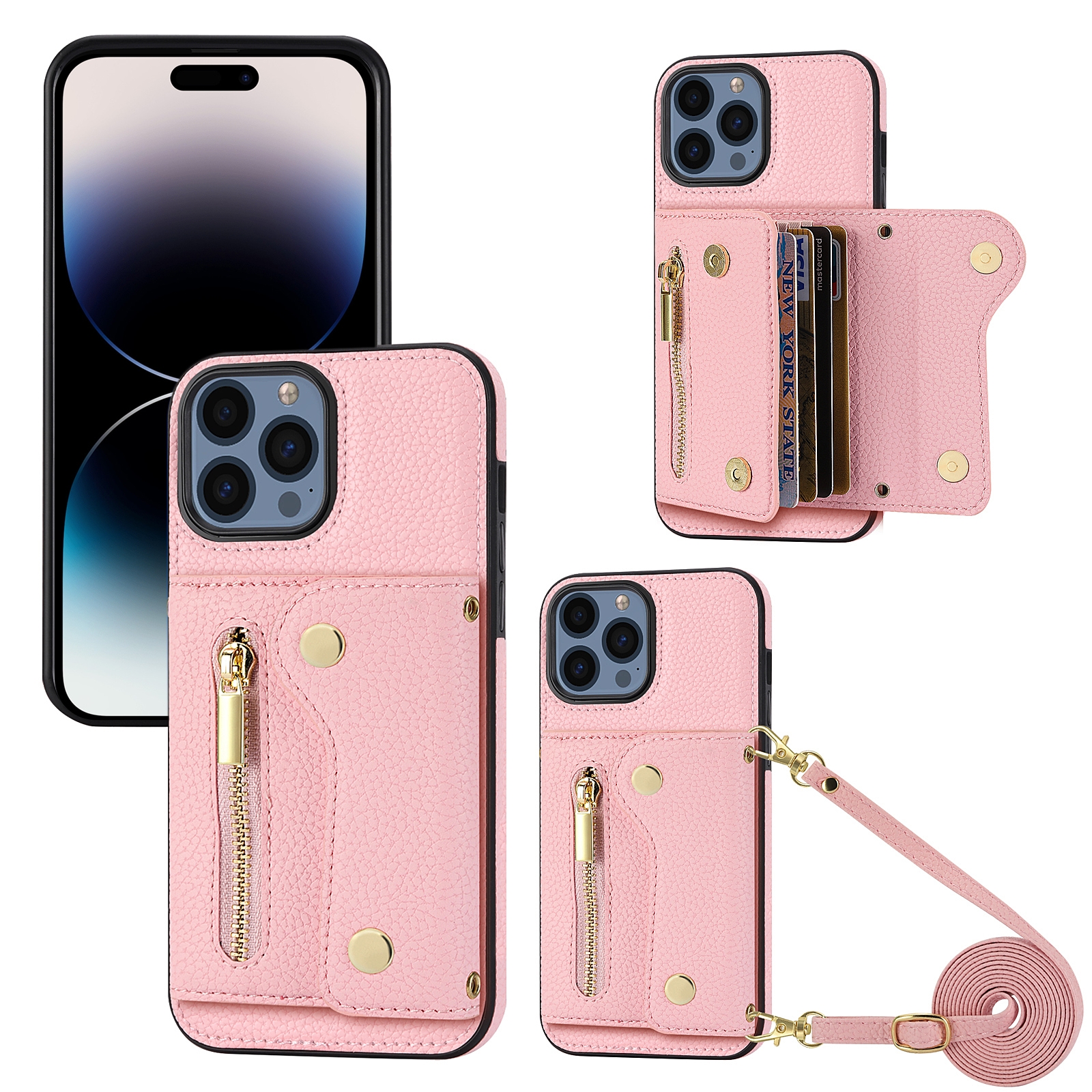For iPhone 14 Pro DF-09 Crossbody Litchi texture Card Bag Design PU Phone Case(Pink) - Shopkiz.com