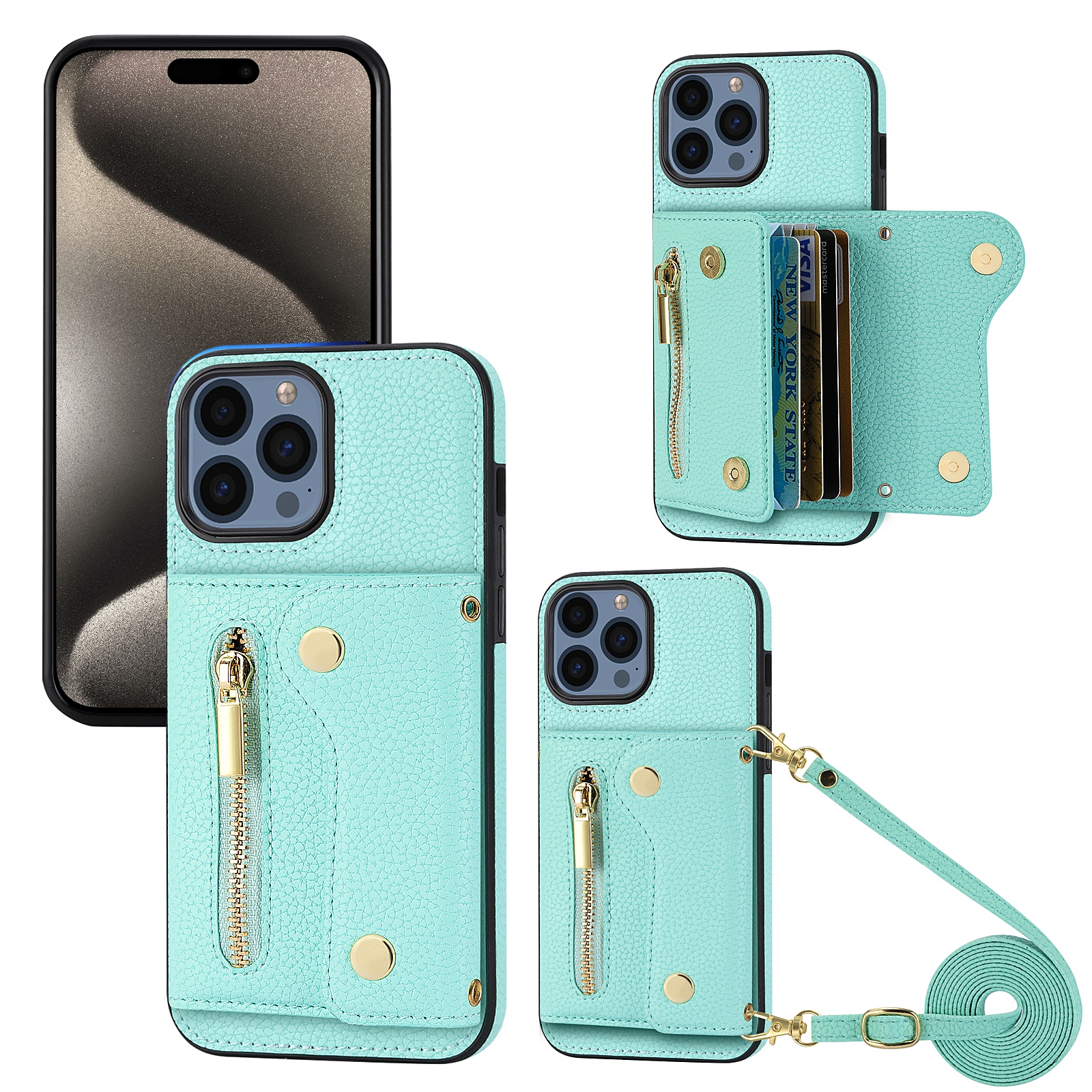 For iPhone 15 Pro Max DF-09 Crossbody Litchi texture Card Bag Design PU Phone Case(Cyan) - Shopkiz.com