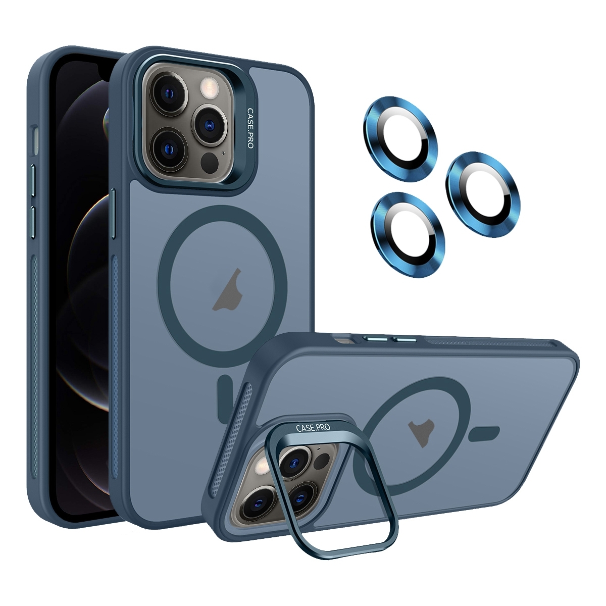 For iPhone 12 Pro Invisible Lens Holder MagSafe Phone Case(Navy Blue) - Shopkiz.com