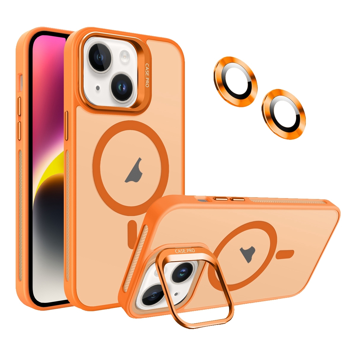 For iPhone 14 Invisible Lens Holder MagSafe Phone Case(Orange) - Shopkiz.com