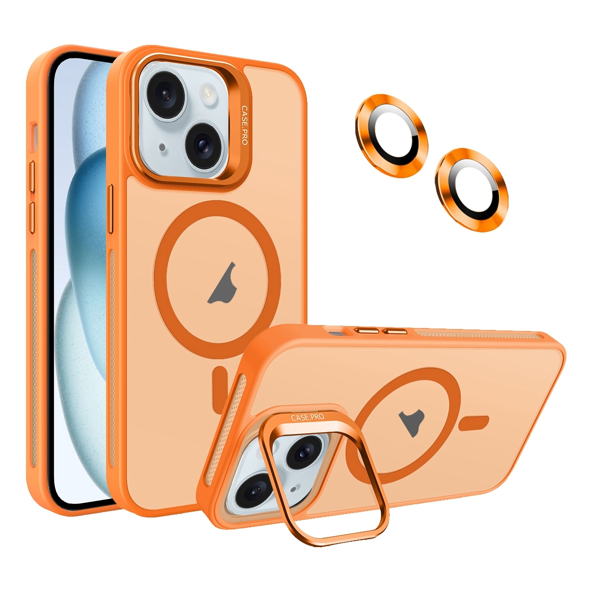 For iPhone 15 Plus Invisible Lens Holder MagSafe Phone Case(Orange) - Shopkiz.com