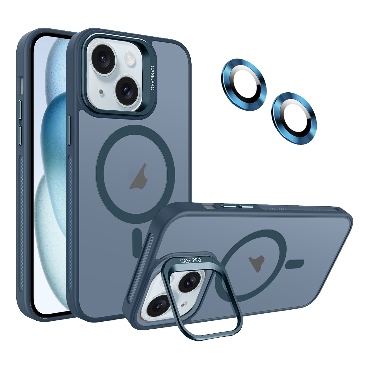 For iPhone 15 Plus Invisible Lens Holder MagSafe Phone Case(Navy Blue) - Shopkiz.com
