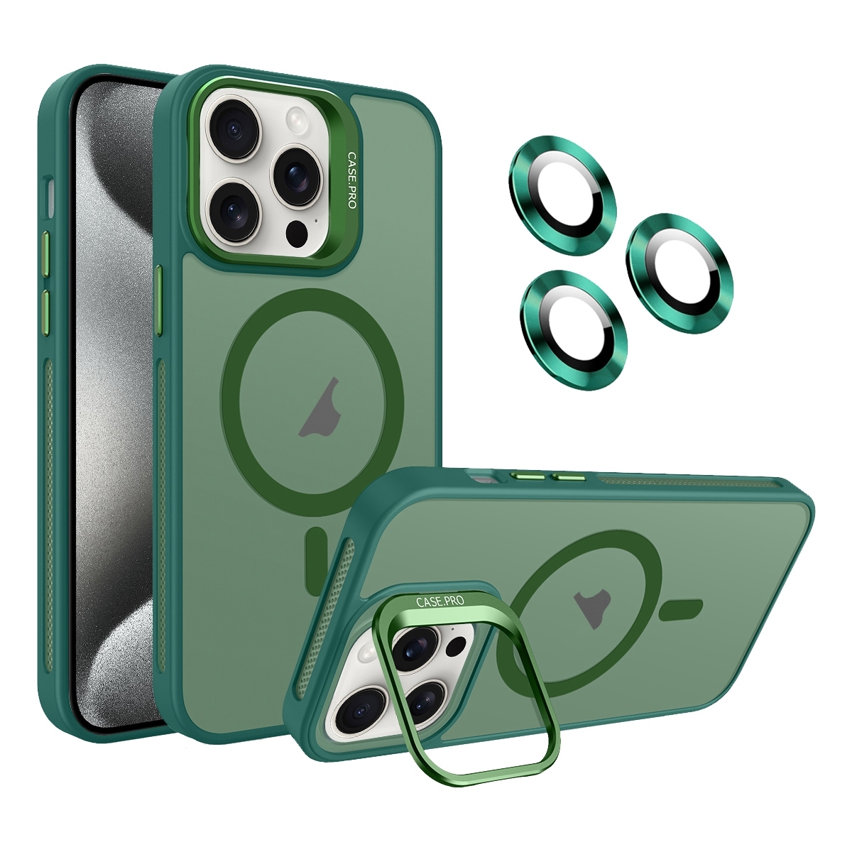 For iPhone 15 Pro Invisible Lens Holder MagSafe Phone Case(Army Green) - Shopkiz.com